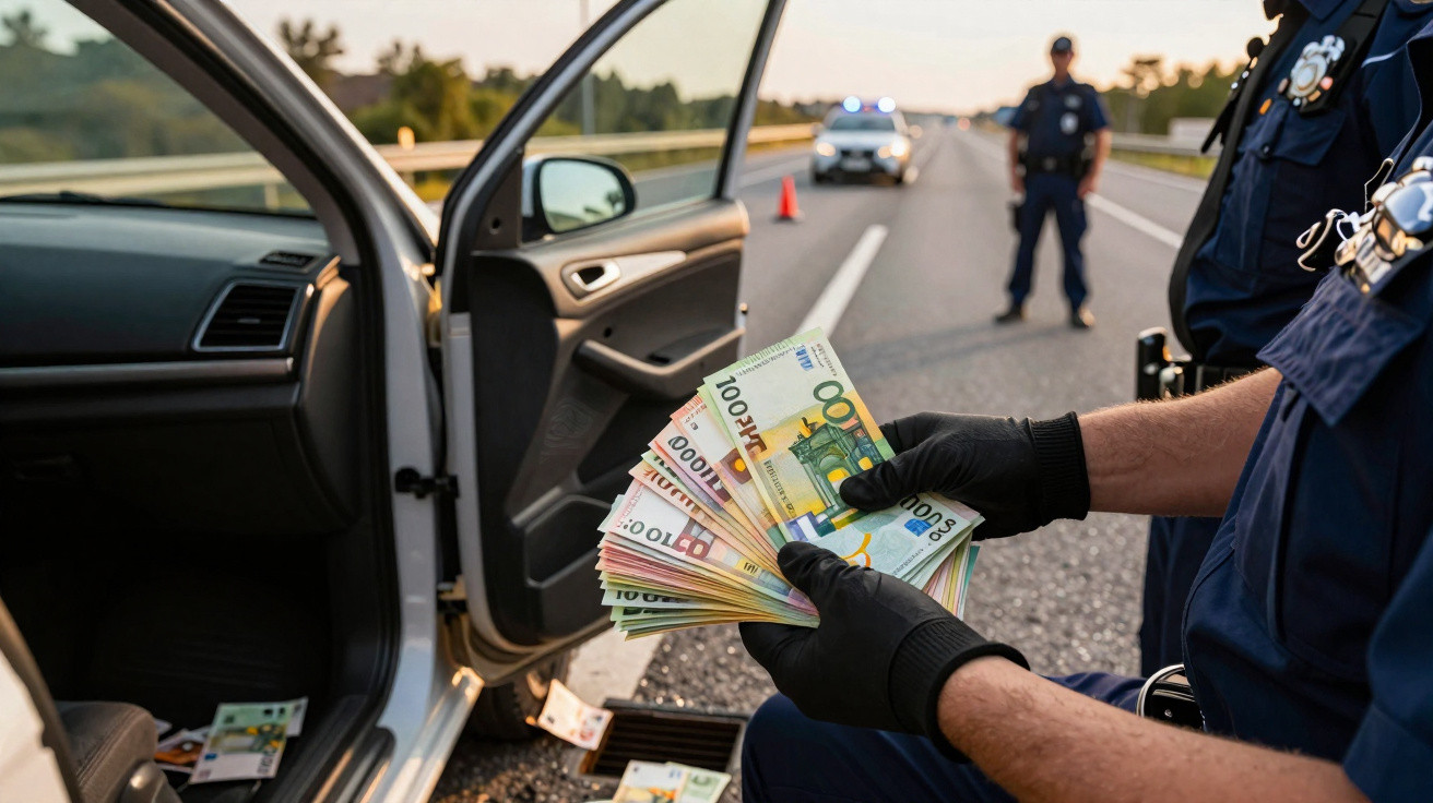 Agente de polícia segurando notas de euro ao lado de carro com porta aberta em estrada.