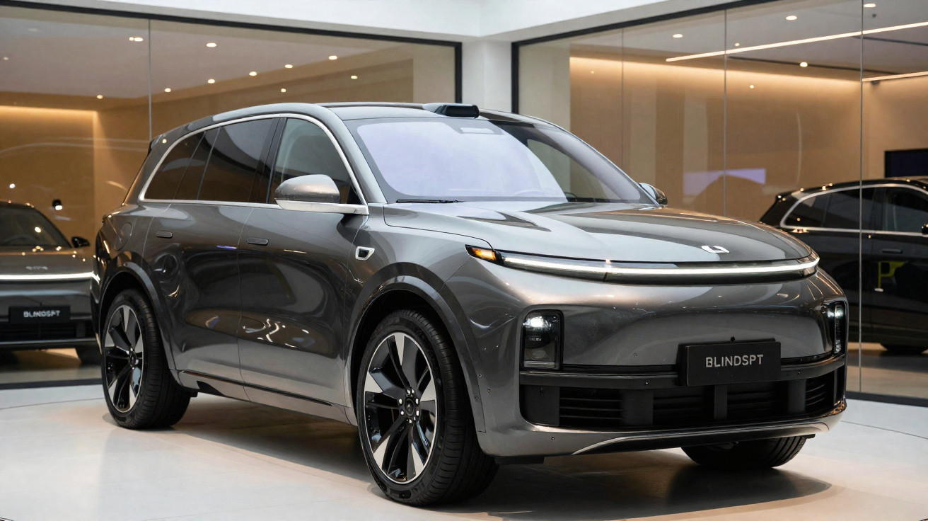 SUV elétrico cinza modelo BlindSPT exposto em ambiente interno moderno com iluminação branca.
