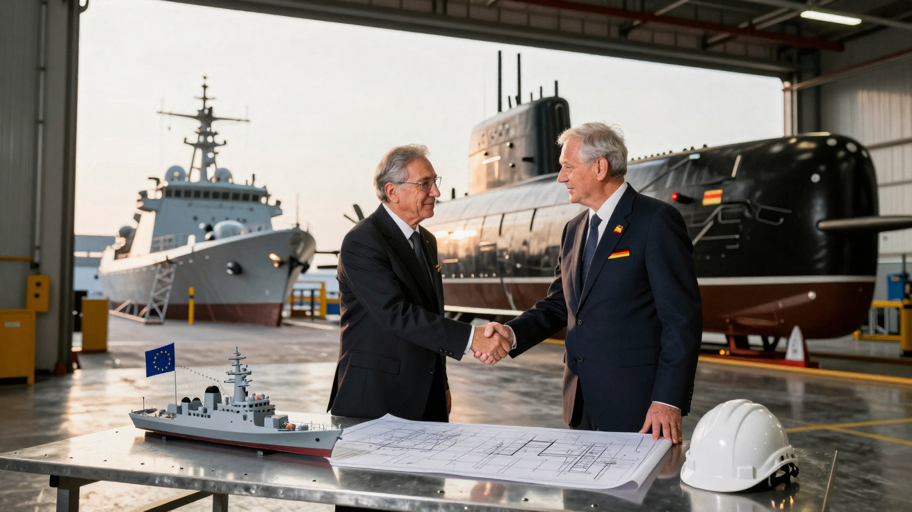 Dois homens de terno apertam as mãos em um estaleiro naval com modelo de navio, plano e capacete ao lado.