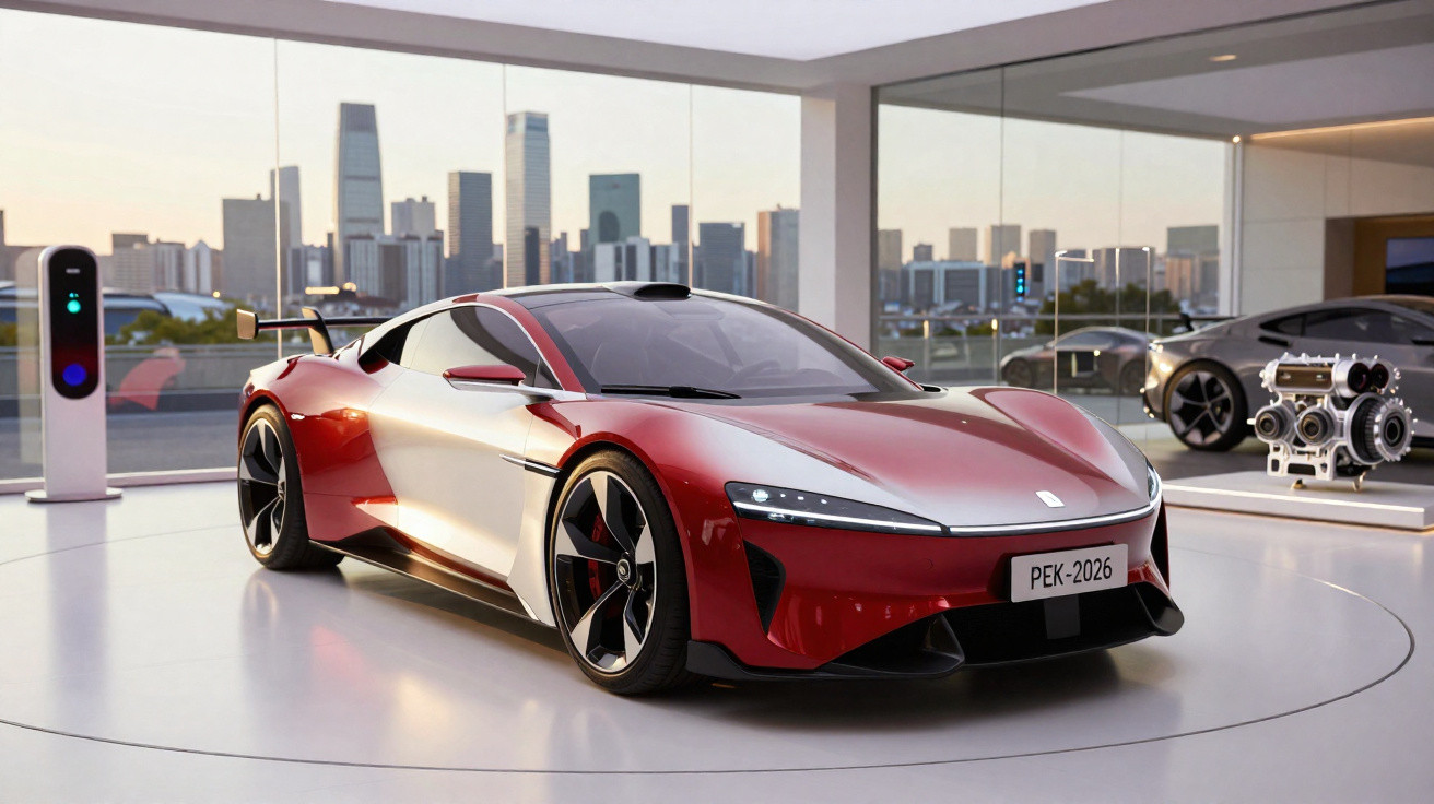 Carro esportivo elétrico vermelho e branco estacionado em showroom moderno com vista para a cidade ao entardecer.
