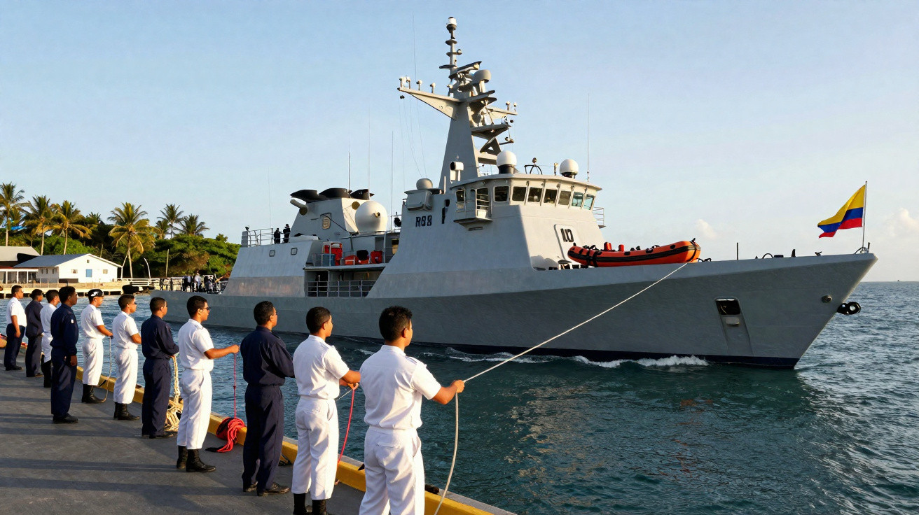 Marinha com tripulação em uniforme branco segurando cordas enquanto navio militar cinza navega próximo ao cais.