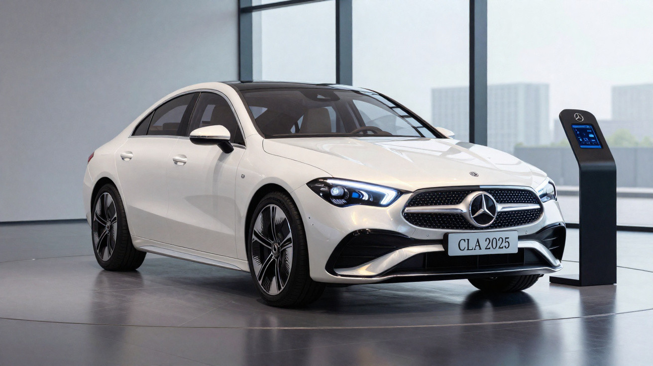 Carro elétrico Mercedes-Benz CLA 2025 branco estacionado em showroom moderno com estação de carregamento.