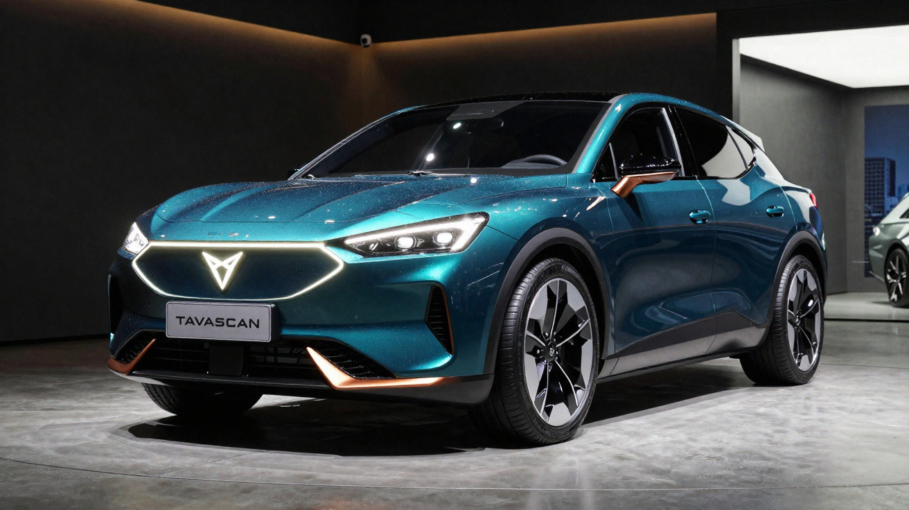 Carro elétrico Cupra Tavascan azul com detalhes em cobre exposto em ambiente moderno e iluminado.