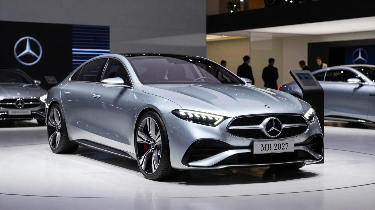 Carro esportivo Mercedes-Benz prata com design moderno em exposição iluminada em salão automotivo.