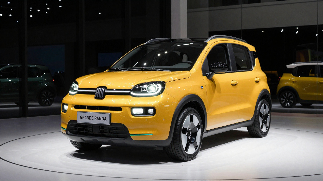 Carro compacto Fiat Grande Panda amarelo com teto preto exibido em evento indoor.