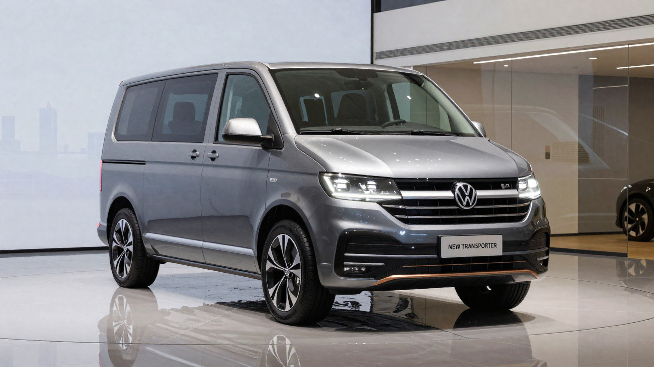 Van Volkswagen New Transporter cinza estacionada em ambiente moderno e iluminado.