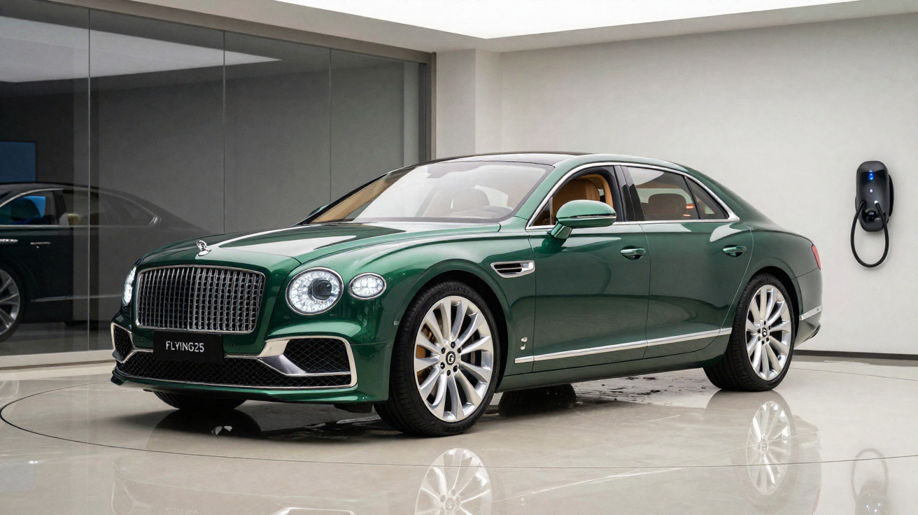 Carro elétrico de luxo verde estacionado em ambiente interno, conectado a carregador na parede.