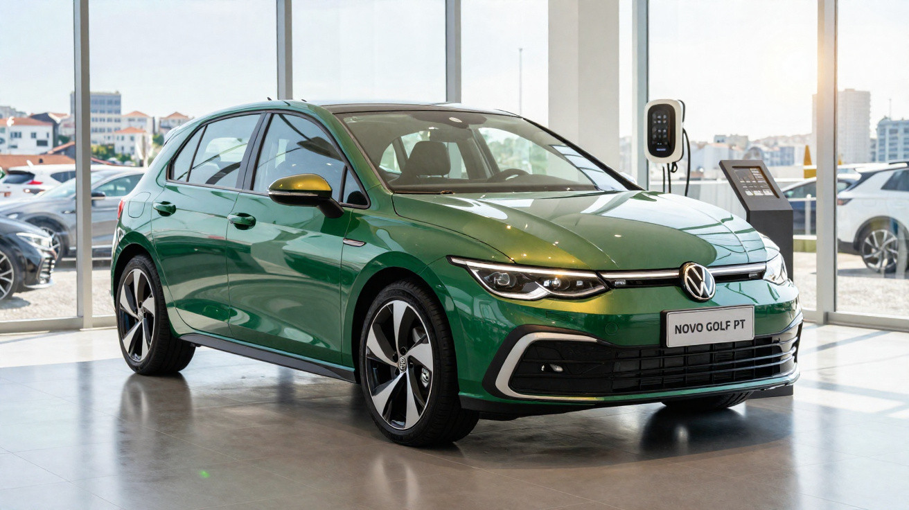 Volkswagen Novo Golf verde estacionado em showroom com piso reflexivo e parede de vidro.
