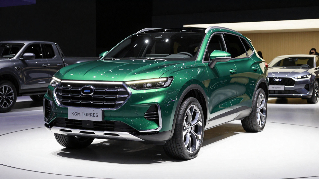SUV verde metálico exibido em estande, com rodas grandes e grade frontal cromada.
