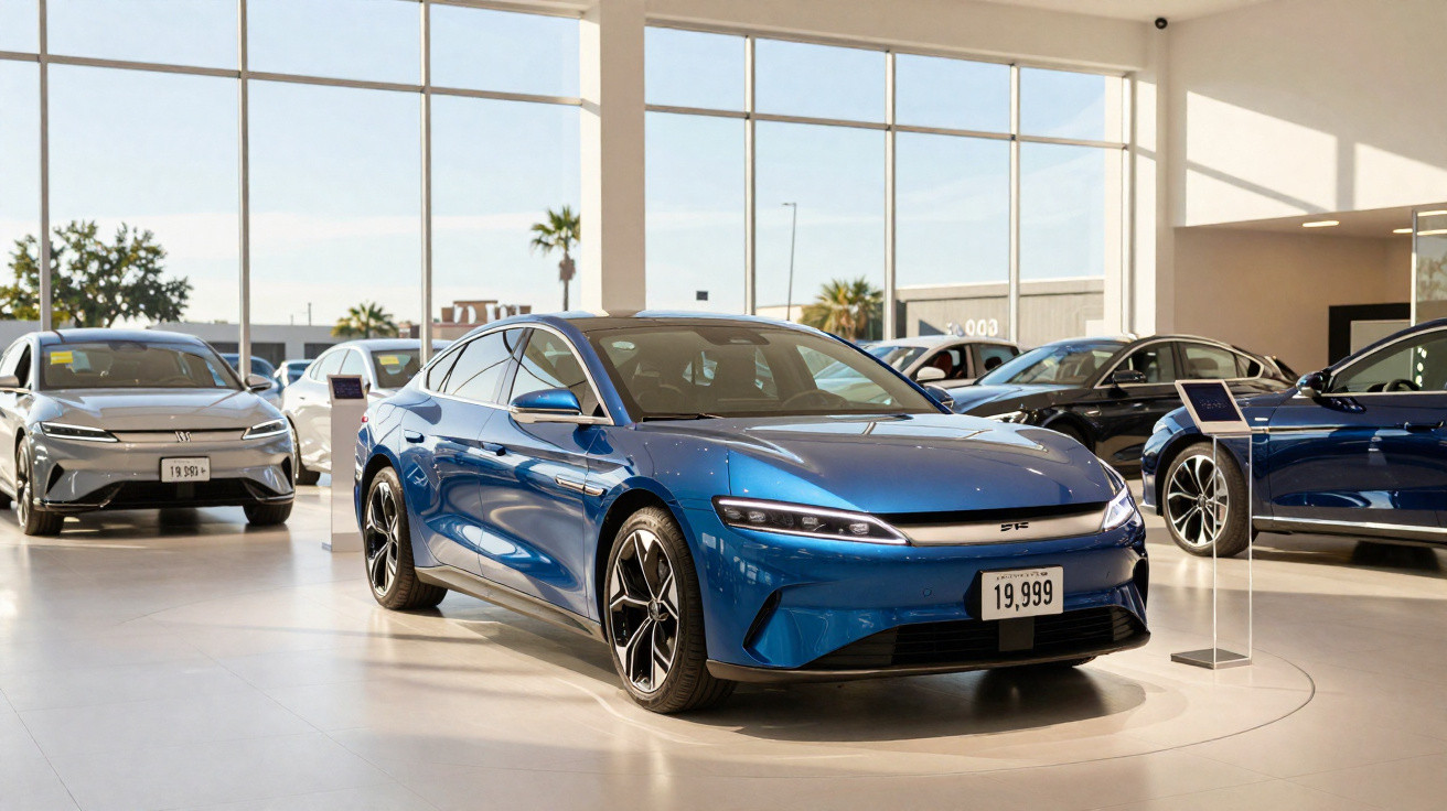 Carro elétrico azul exibido em showroom moderno com outros veículos cinzas ao fundo e janela ampla iluminada.