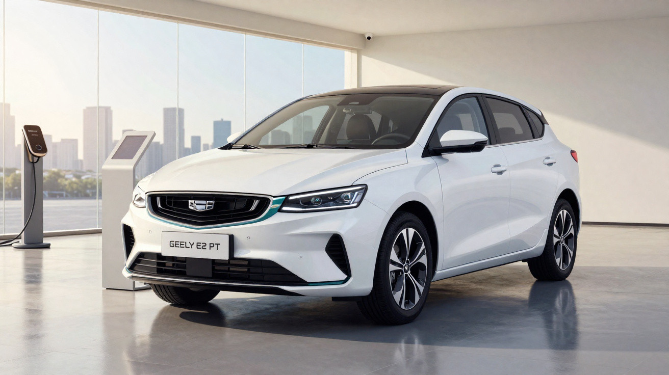Carro elétrico branco Geely E2 PT estacionado em showroom moderno com parede branca e janela grande.