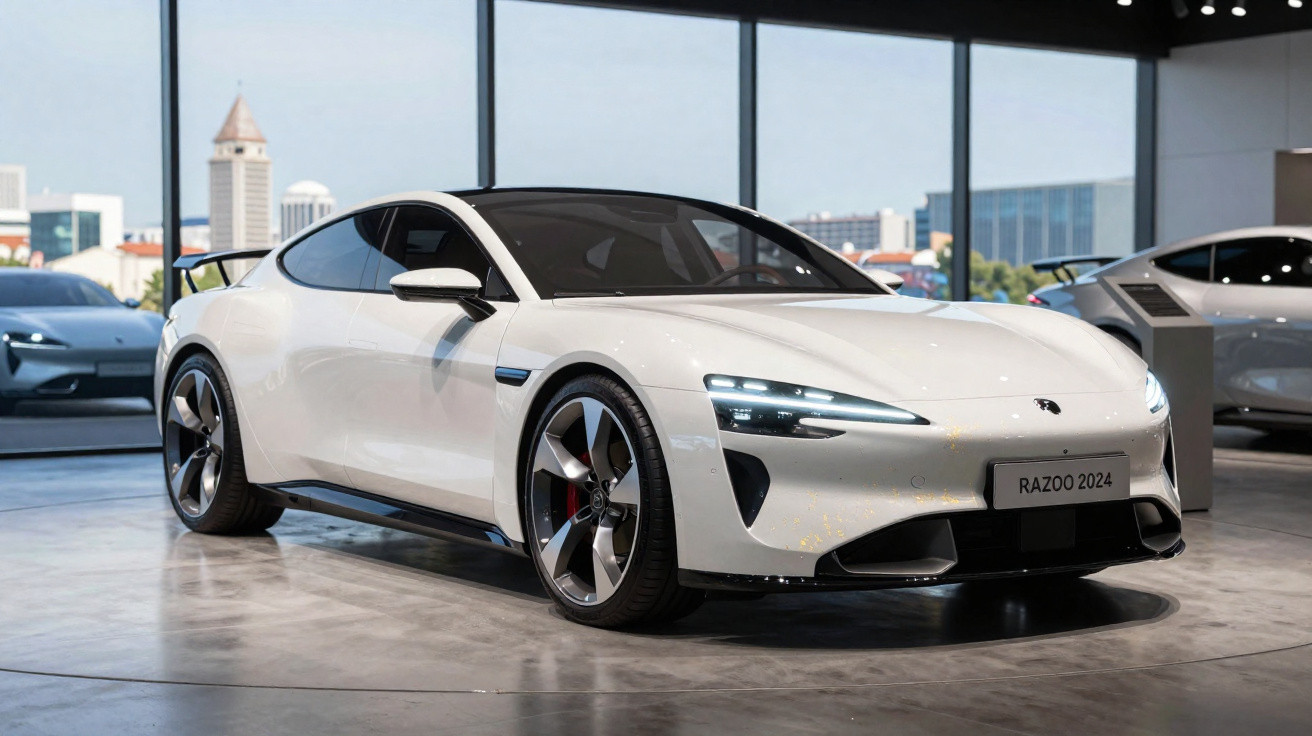 Carro esportivo elétrico branco modelo Raizo 2024 em exposição dentro de showroom moderno com janelas grandes.