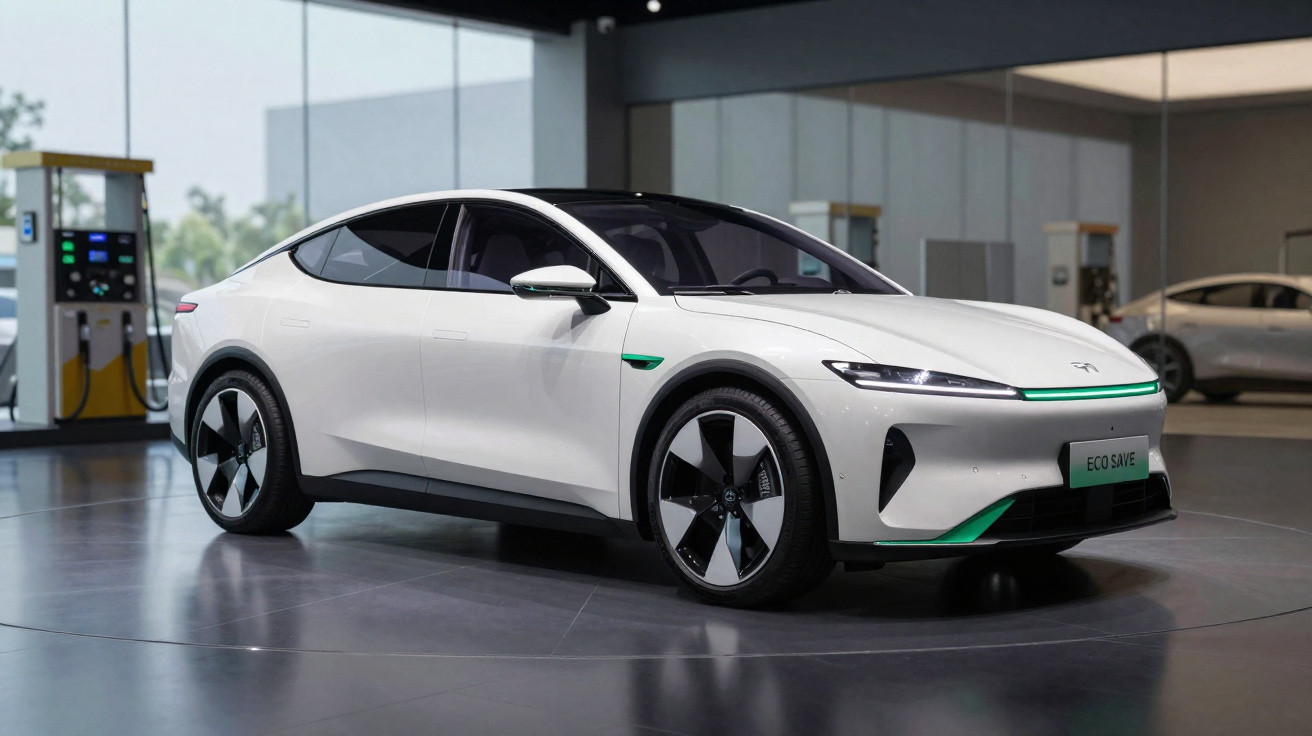 Carro elétrico branco com detalhes verdes em exposição dentro de showroom moderno.
