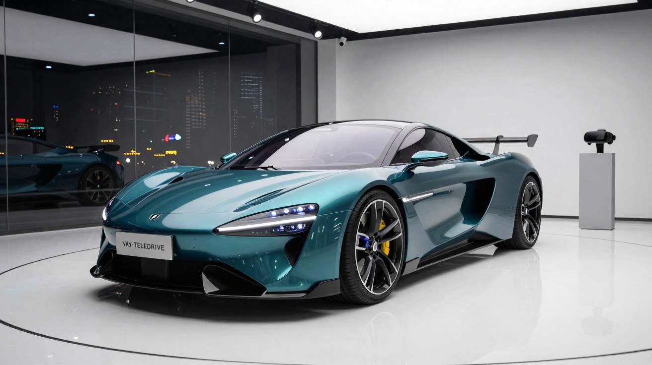Carro esportivo elétrico azul metálico exposto em showroom moderno com iluminação focada.