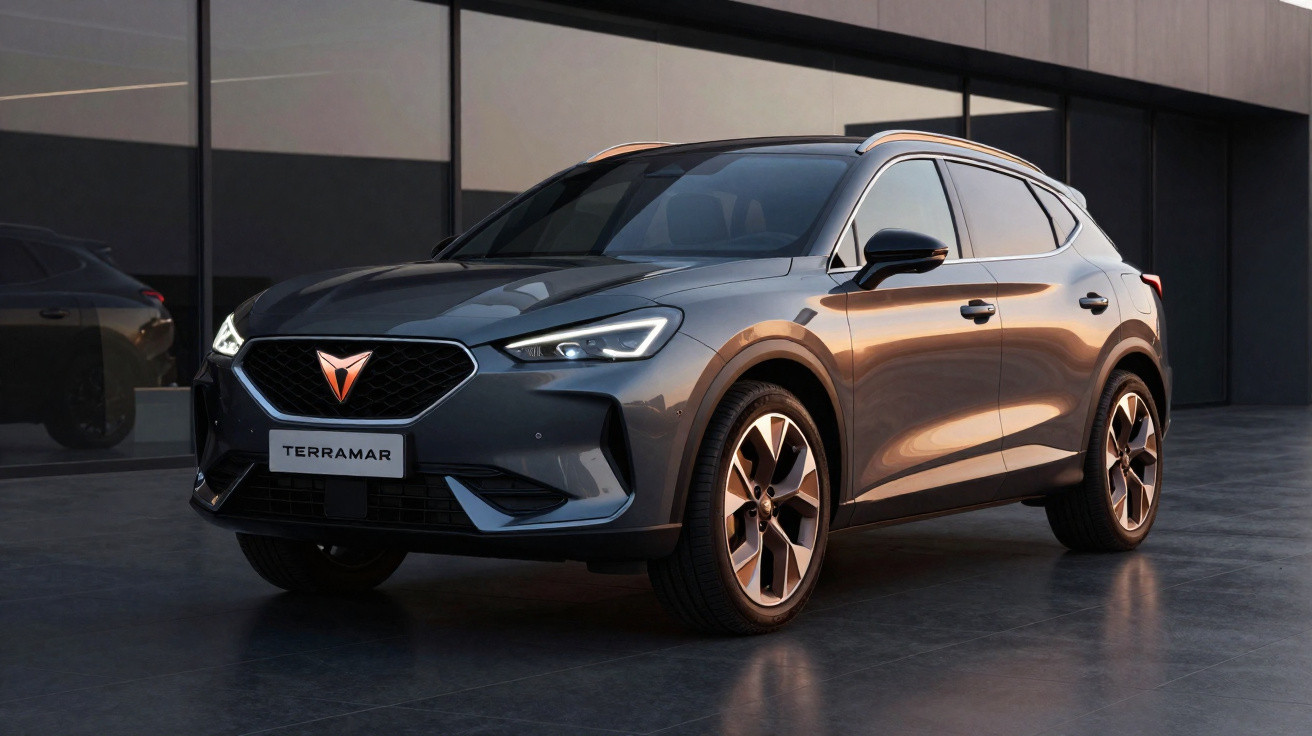 SUV cinza metálico Cupra Terramar estacionado em frente a um prédio com vidro refletivo.