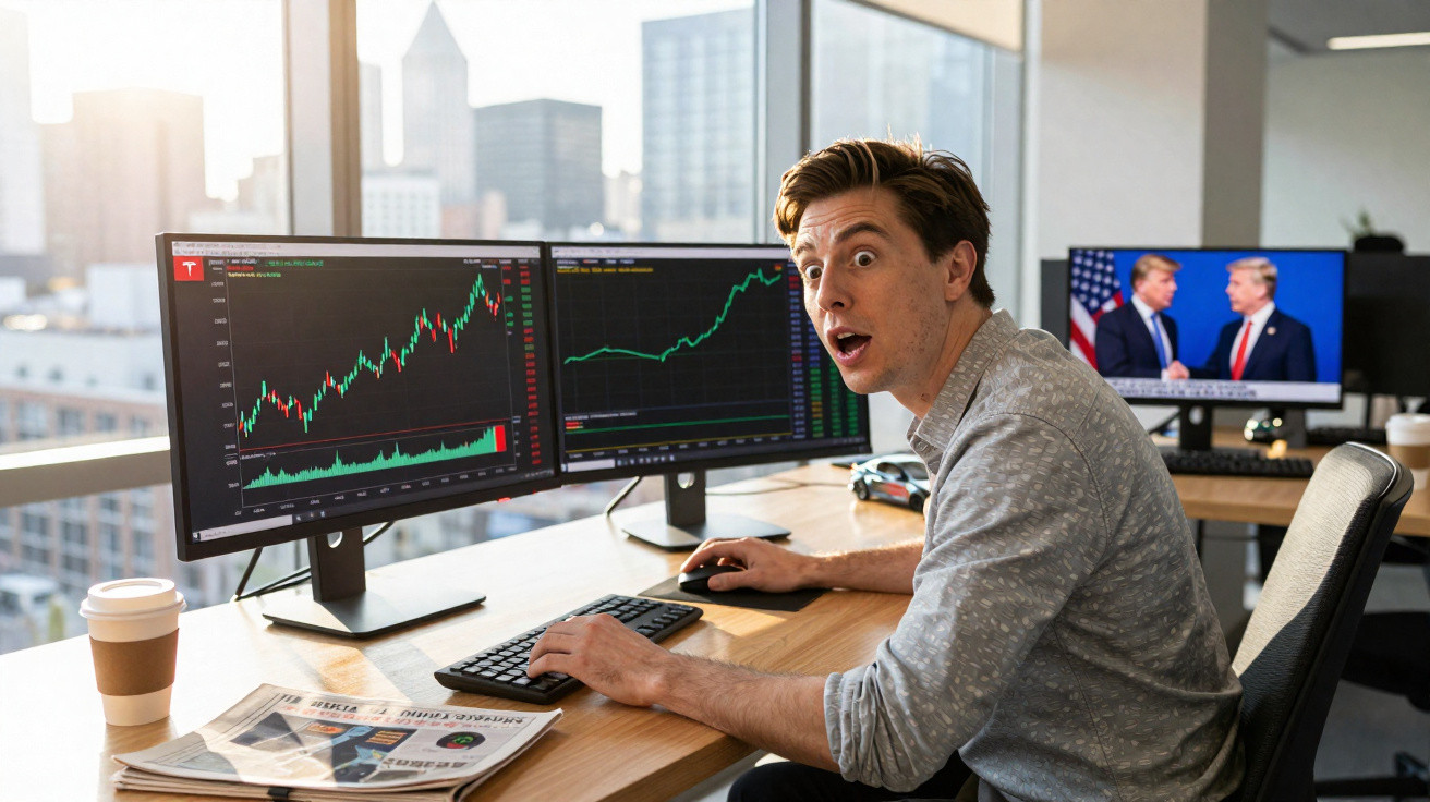 Homem surpreso observando gráfico de ações em alta no computador em escritório com fundo urbano.