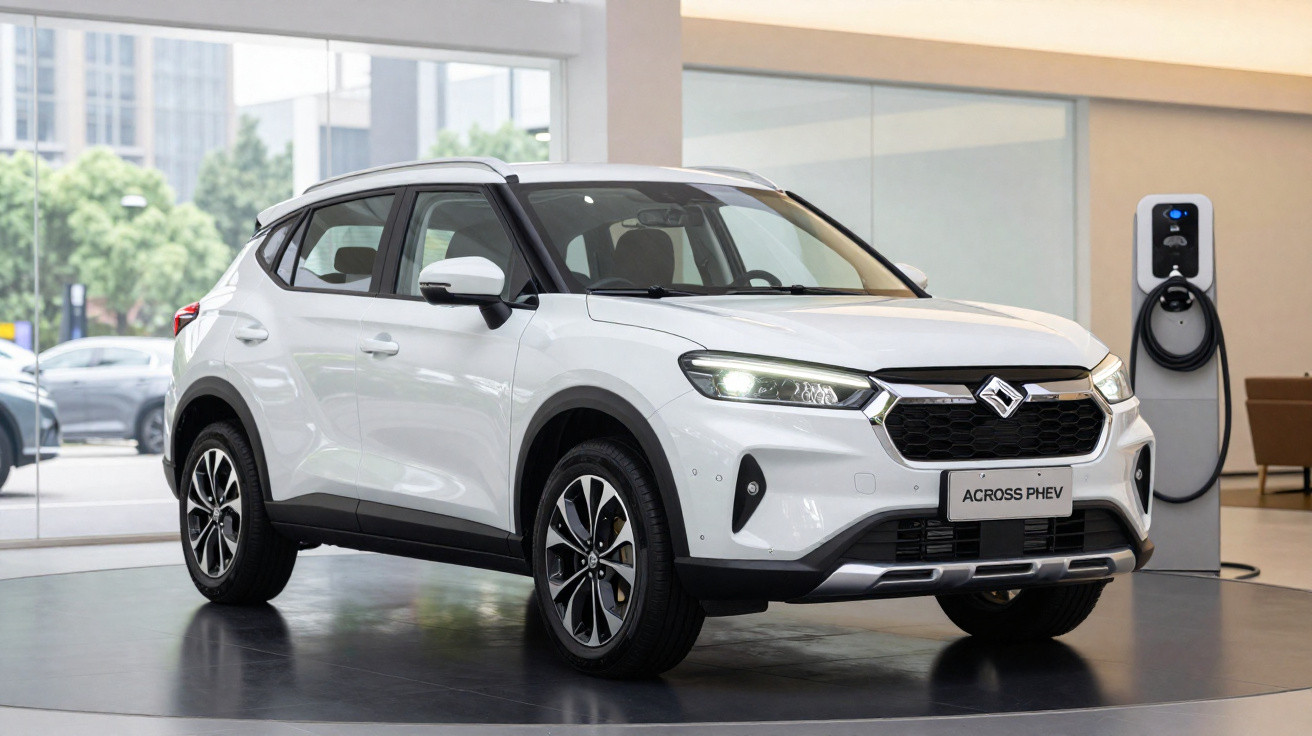 SUV branco Suzuki Across PHEV estacionado em showroom com carregador elétrico na parede ao fundo.