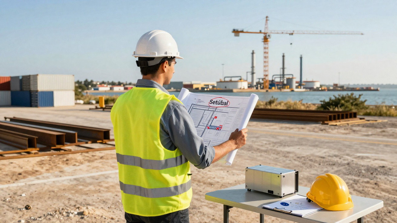 Engenheiro com colete e capacete lendo projeto em obra de construção próxima ao cais.