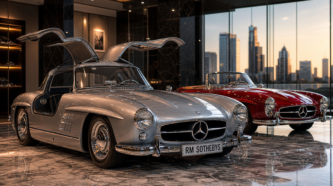 Carros clássicos Mercedes-Benz prata com portas asa de gaivota e conversível vermelho em ambiente sofisticado.
