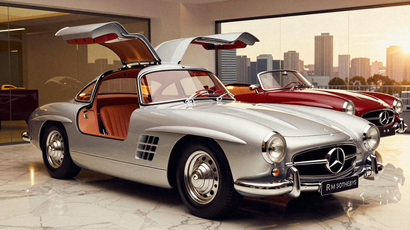 Carros clássicos Mercedes-Benz prata e vermelho em showroom com portas de asa de gaivota abertas.