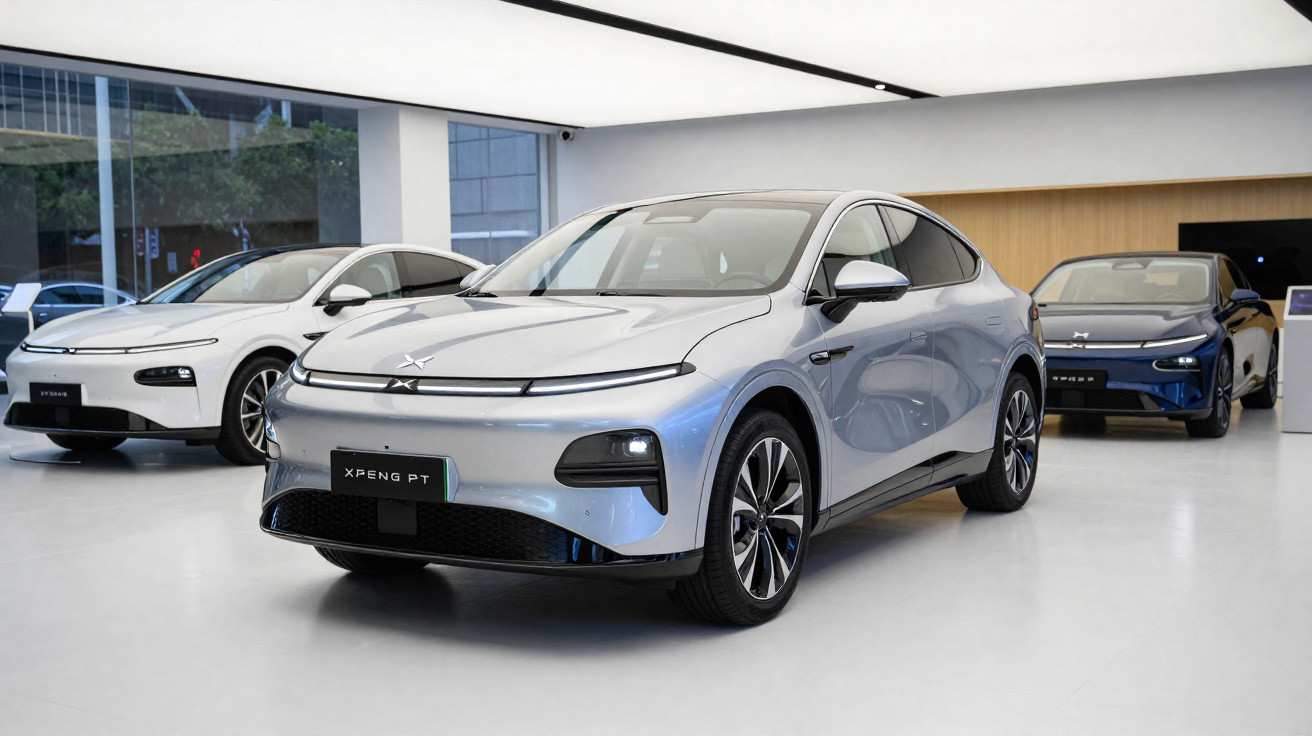 Carros elétricos modernos da XPeng exibidos em showroom com iluminação branca e piso cinza.