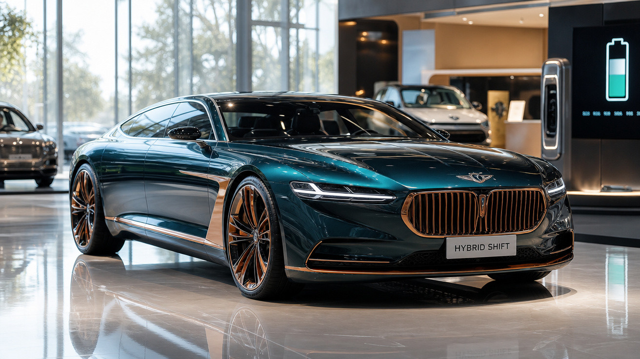 Carro esportivo híbrido verde com detalhes dourados em showroom moderno e iluminado.