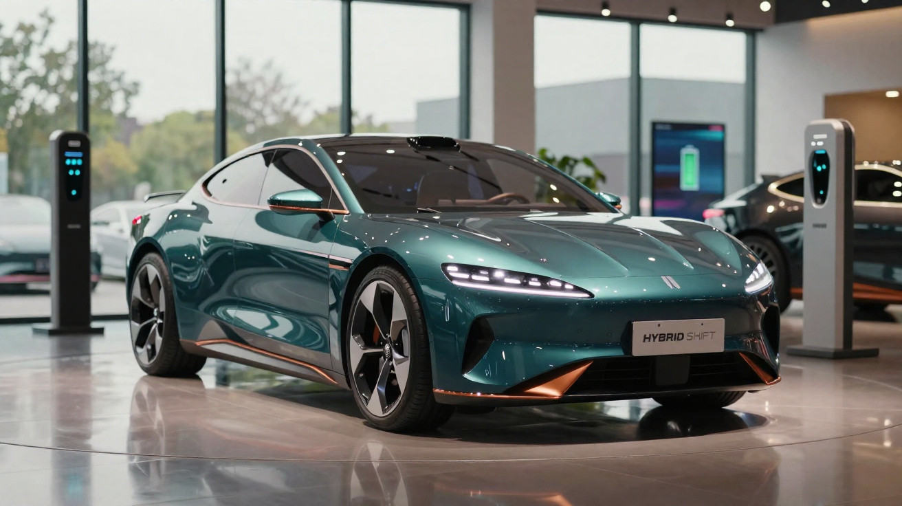 Carro elétrico esportivo azul em exposição interna com carregadores elétricos ao fundo.