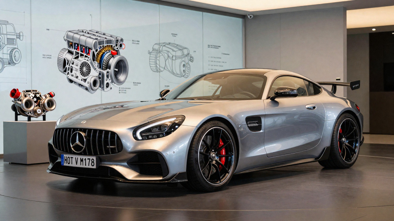 Carro esportivo Mercedes AMG prata em exposição, com motor em destaque ao fundo e detalhes técnicos na parede.