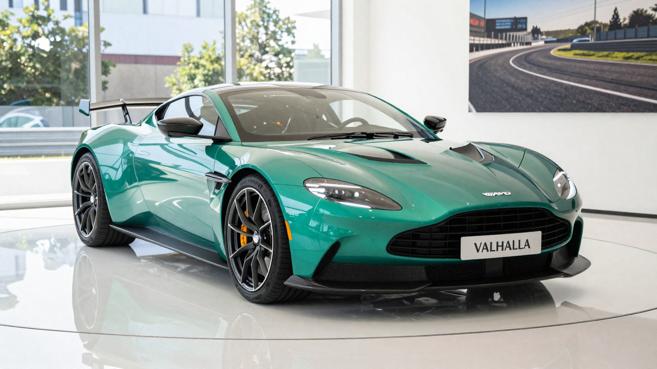 Carro esportivo verde Aston Martin Valhalla exposto em showroom moderno com piso branco brilhante.