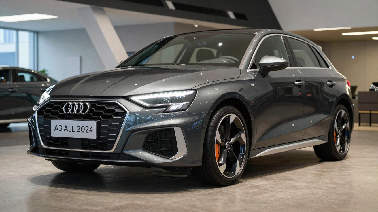 Carro Audi A3 All 2024 cinza em exposição interna com destaque para o design moderno e faróis ligados.