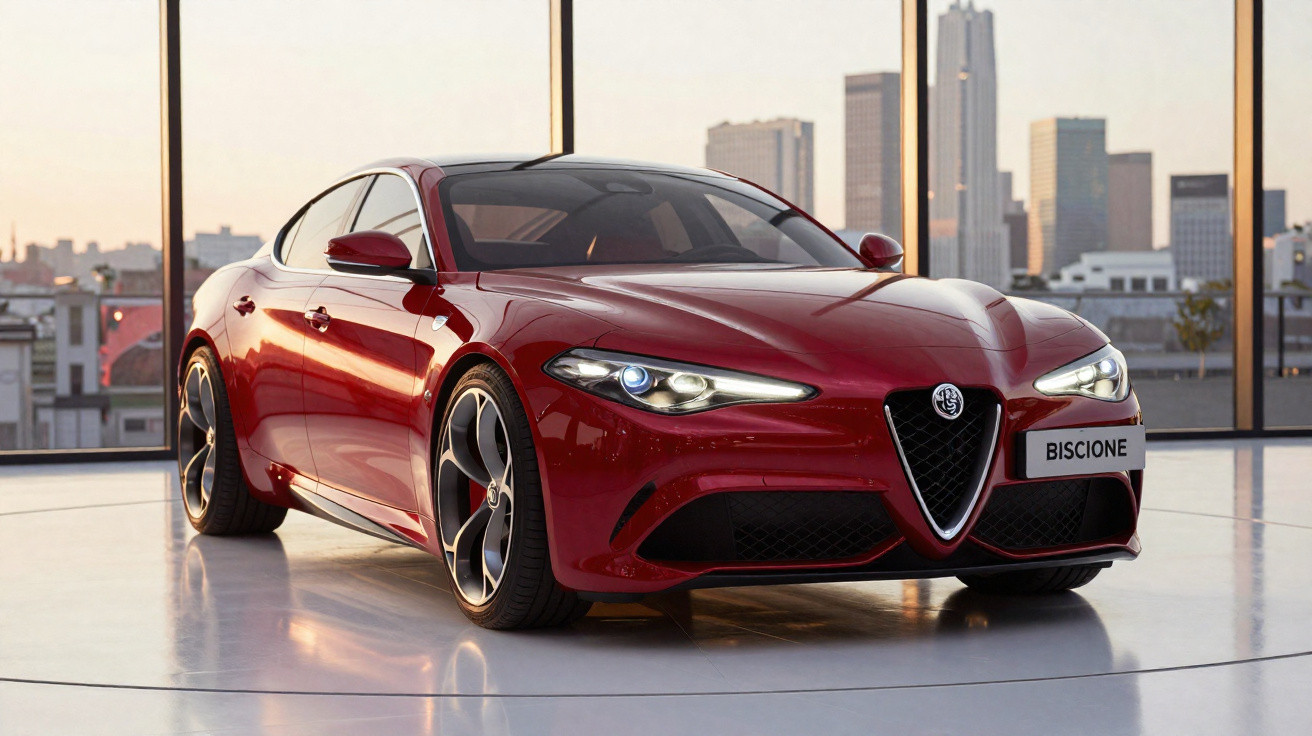 Carro esportivo vermelho Alfa Romeo Giulia estacionado em ambiente interno com vidro e prédios ao fundo.