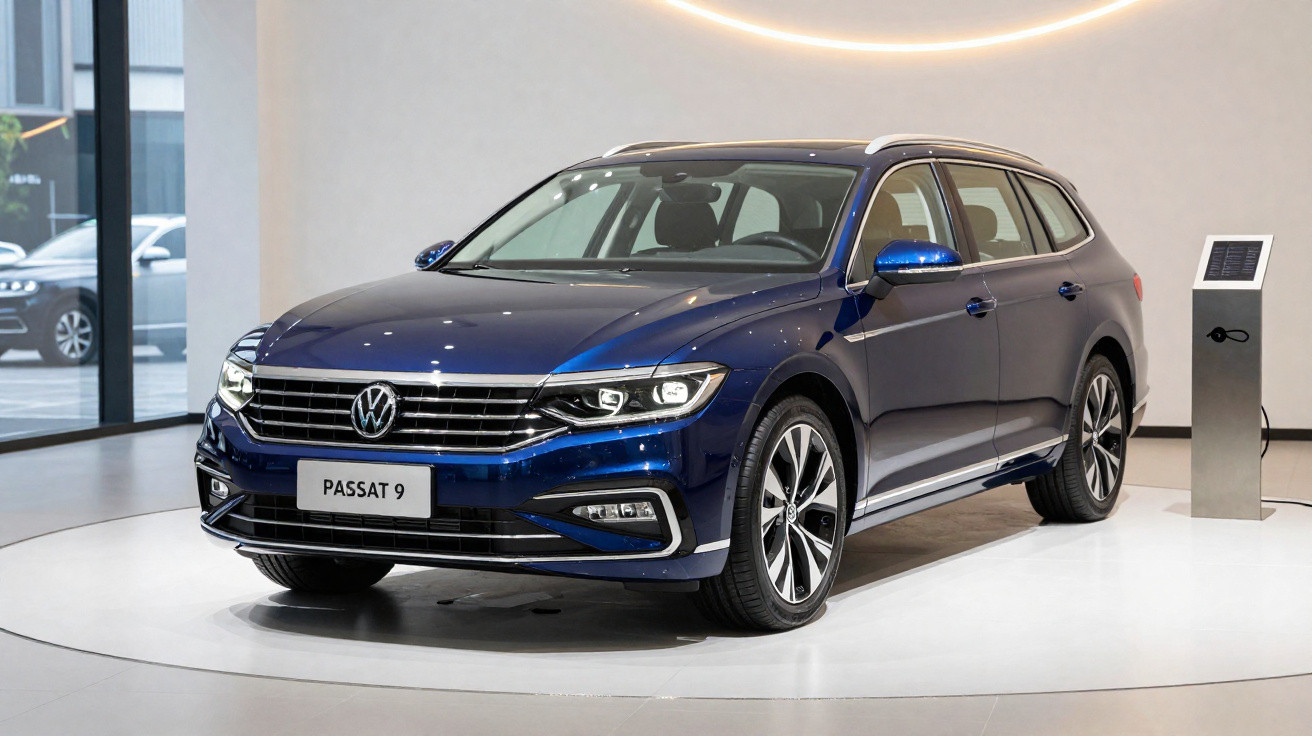 Carro Volkswagen Passat 9 azul exposto em showroom moderno com piso branco e paredes claras.