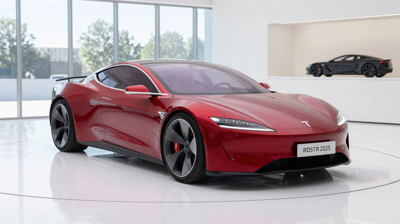 Carro esportivo elétrico Tesla vermelho brilhante exibido em showroom moderno e iluminado.