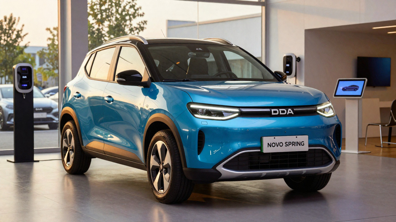 Carro elétrico azul Dada Novo Spring exposto em showroom moderno com carregador elétrico ao lado.