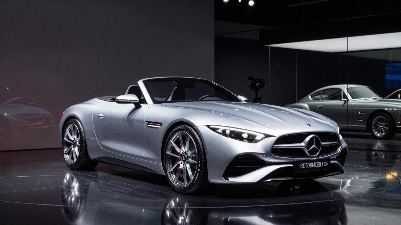 Carro esportivo prata Mercedes-Benz em exposição, ambiente com paredes espelhadas e piso branco brilhante.