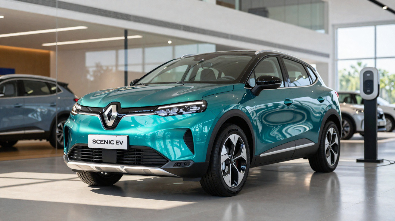 Carro elétrico Renault Scenic EV azul em exposição dentro de showroom moderno e iluminado.