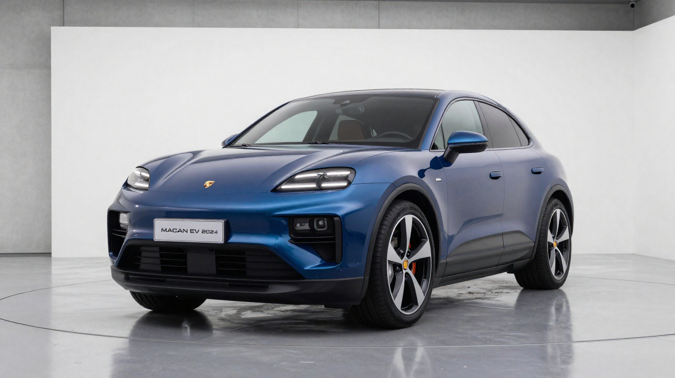 Carro elétrico Porsche Macan EV 2024 azul em estúdio com fundo branco.
