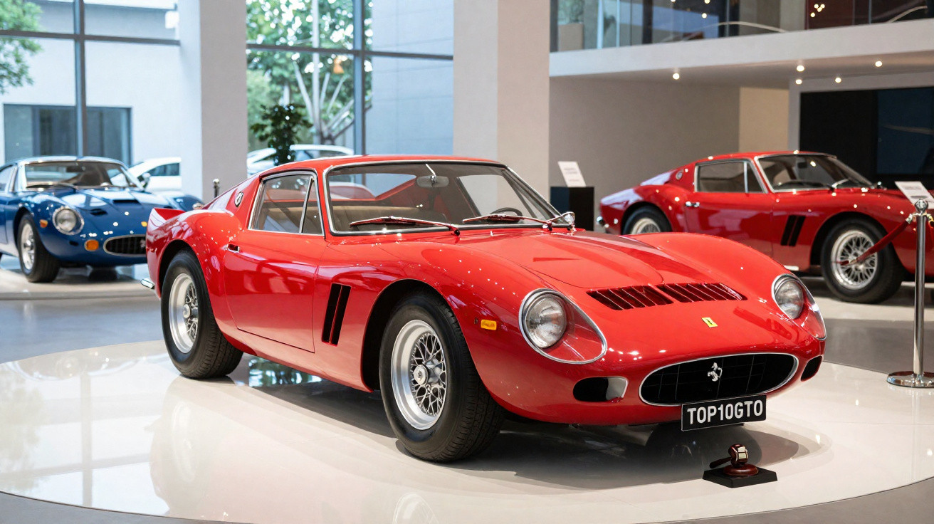Carro esportivo clássico vermelho Ferrari exposto em um museu com paredes de vidro ao fundo.