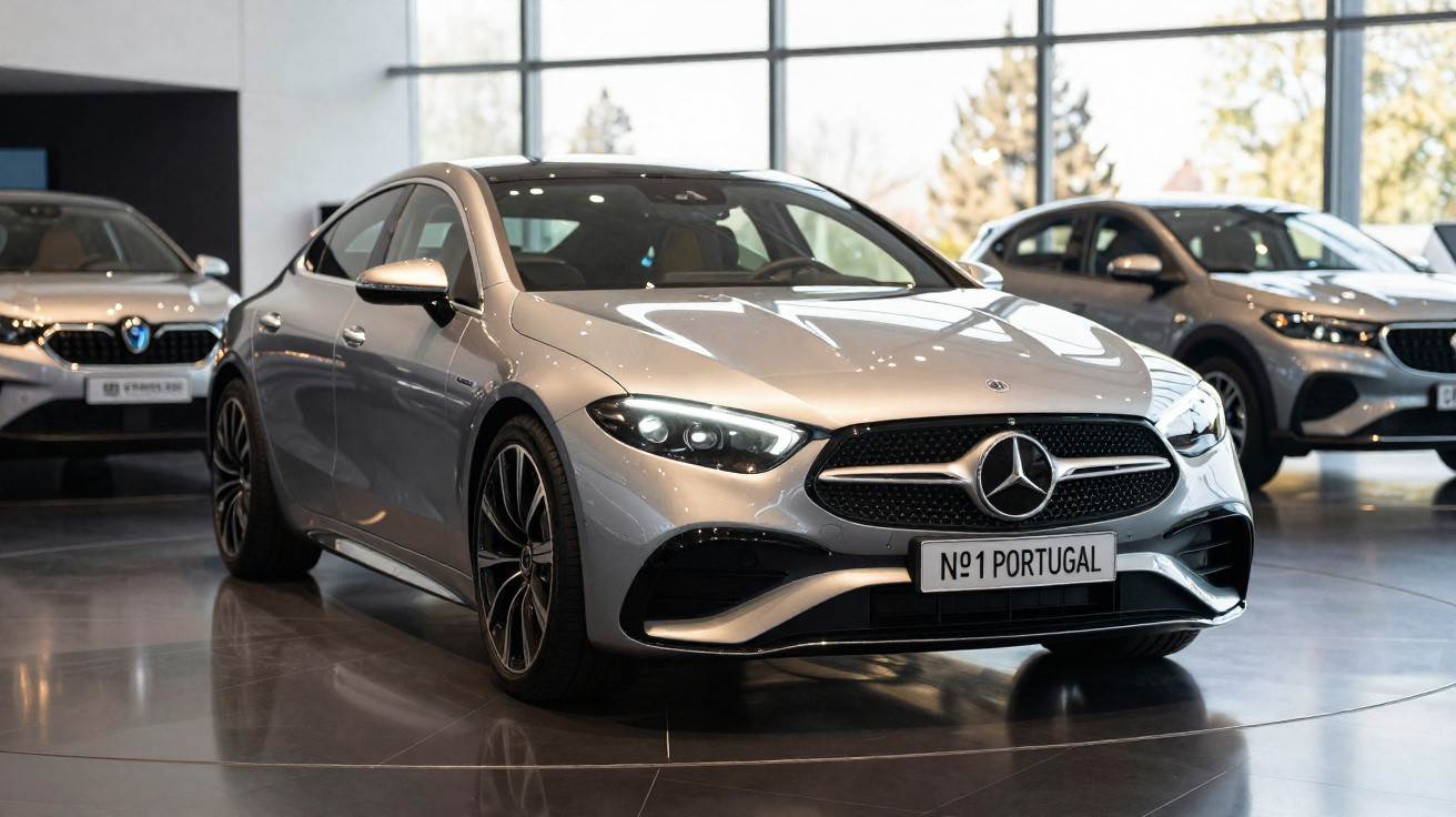 Carro Mercedes-Benz prateado moderno em exposição dentro de showroom com outros veículos ao fundo.