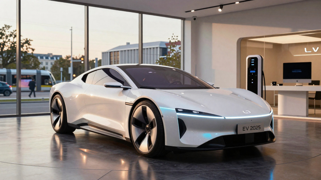 Carro esportivo branco elétrico em exposição dentro de sala moderna com carregador ao fundo.