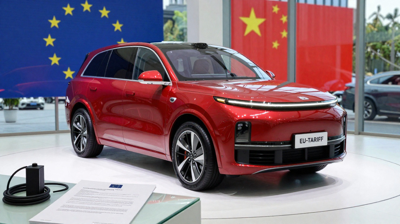 Carro elétrico vermelho em exposição, com bandeiras da União Europeia e China ao fundo.