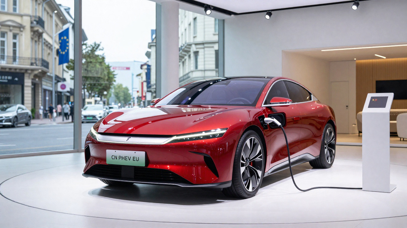 Carro elétrico vermelho conectado a carregador em exposição interna com janela para rua ao fundo.