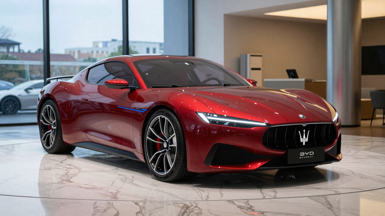 Carro esportivo vermelho BYD Maserati em showroom com piso branco e paredes de vidro e madeira.