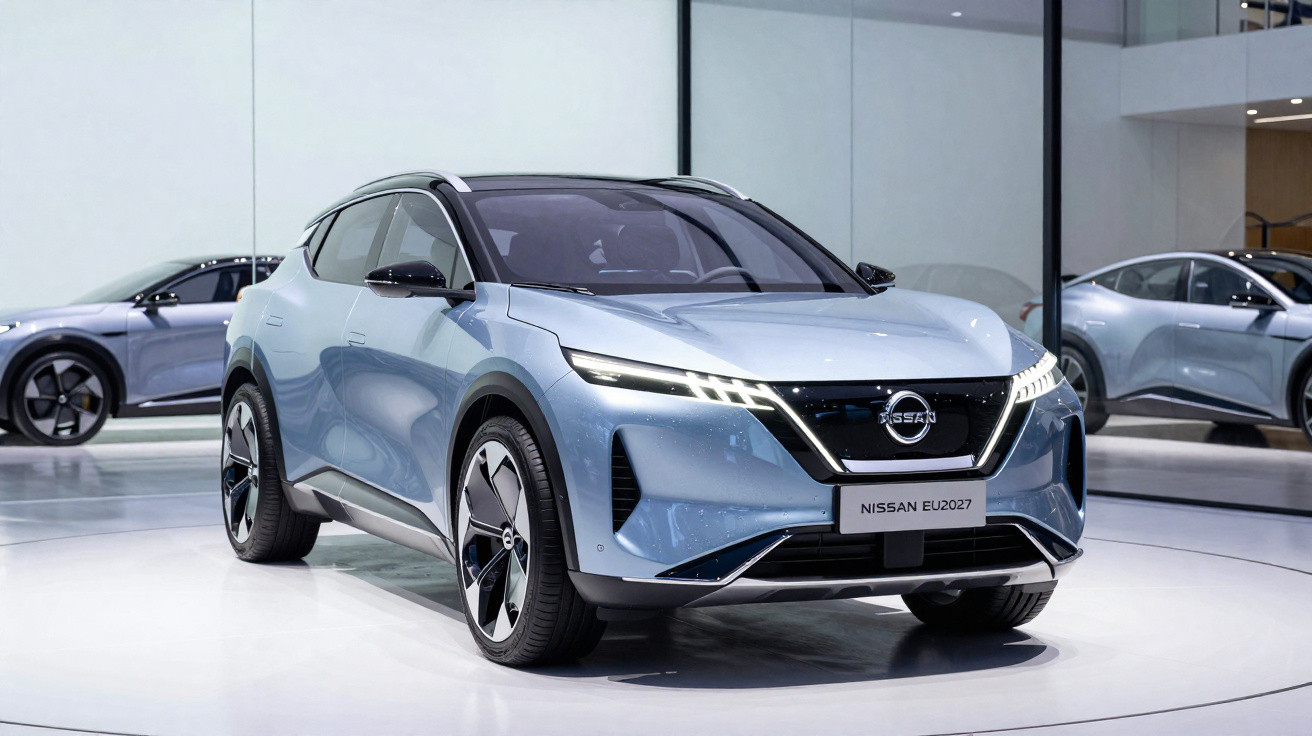 Carro elétrico Nissan EU2027 prata exibido em estande moderno com iluminação branca e veículos ao fundo.