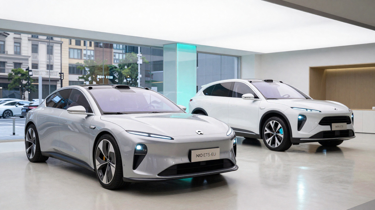 Dois carros elétricos modernos, um cinza e um branco, exibidos em showroom minimalista e iluminado.