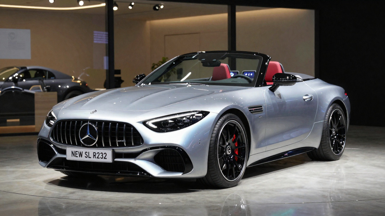 Carro conversível esportivo Mercedes-Benz prata com interior vermelho em showroom iluminado.