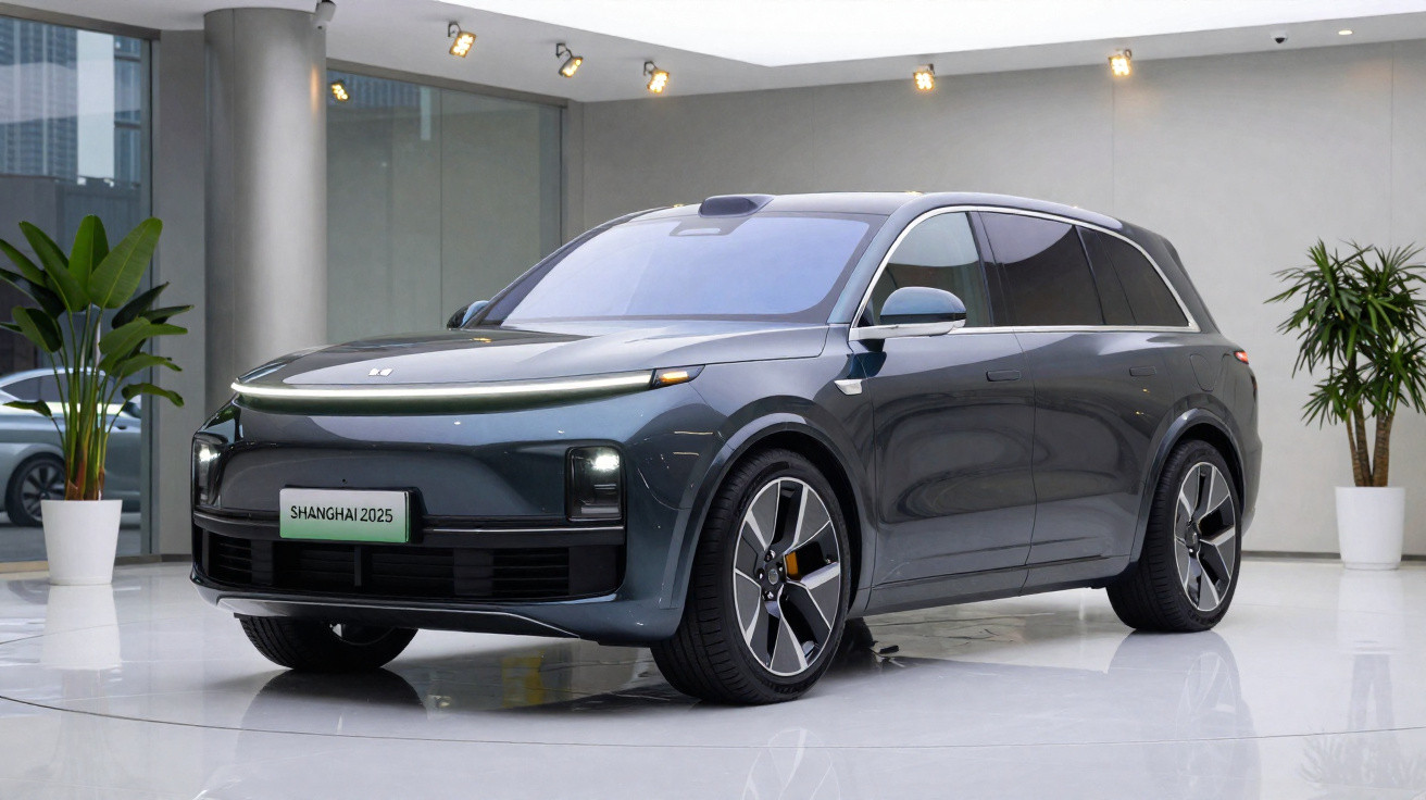 Carro elétrico cinza escuro exibido em showroom moderno com plantas decorativas ao fundo.