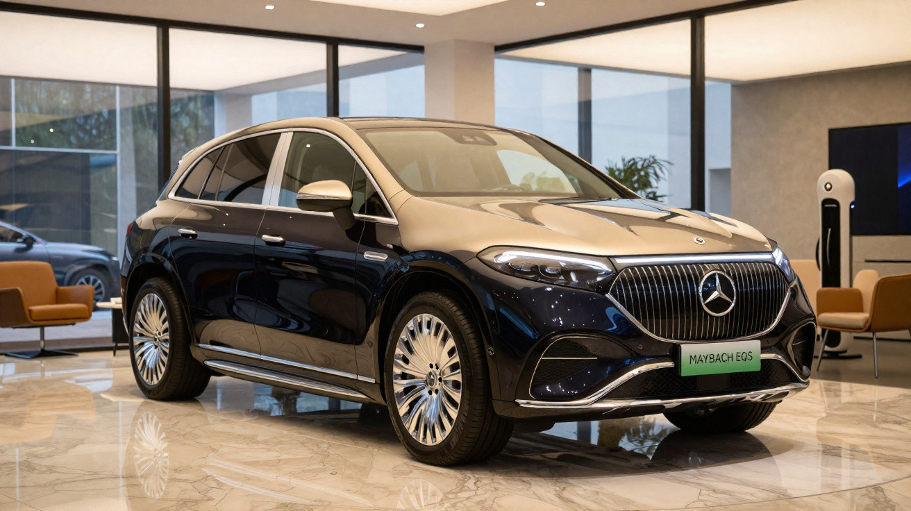 Carro elétrico Maybach EQS preto, exibido em showroom moderno com piso de mármore e poltronas ao fundo.