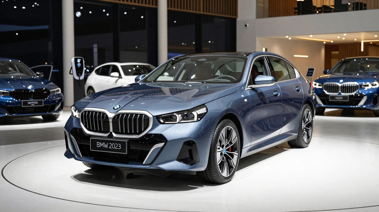 Carro BMW azul 2023 exposto em salão, com iluminação branca e outros veículos ao fundo.