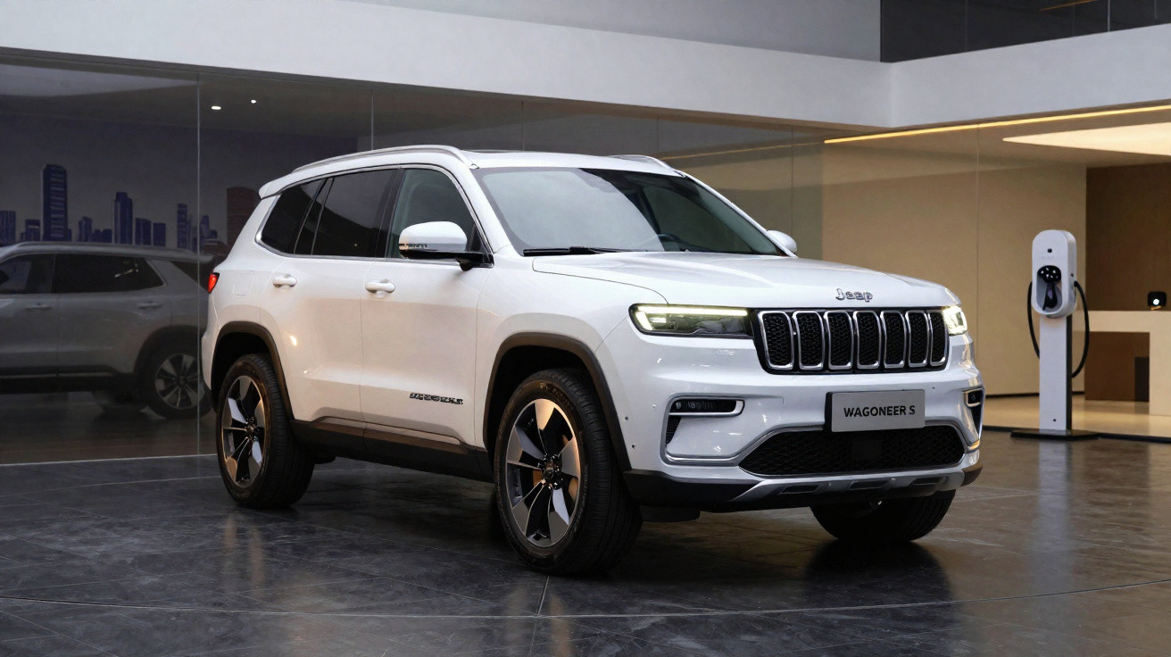 Carro SUV branco Jeep Wagoneer S estacionado em piso interno com luzes dianteiras acesas.